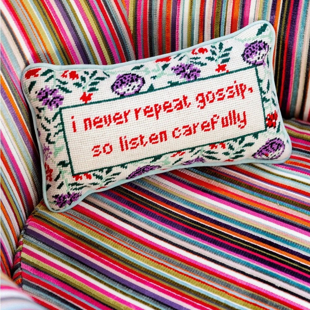 “Gossip” Furbish Studio Needlepoint Pillow